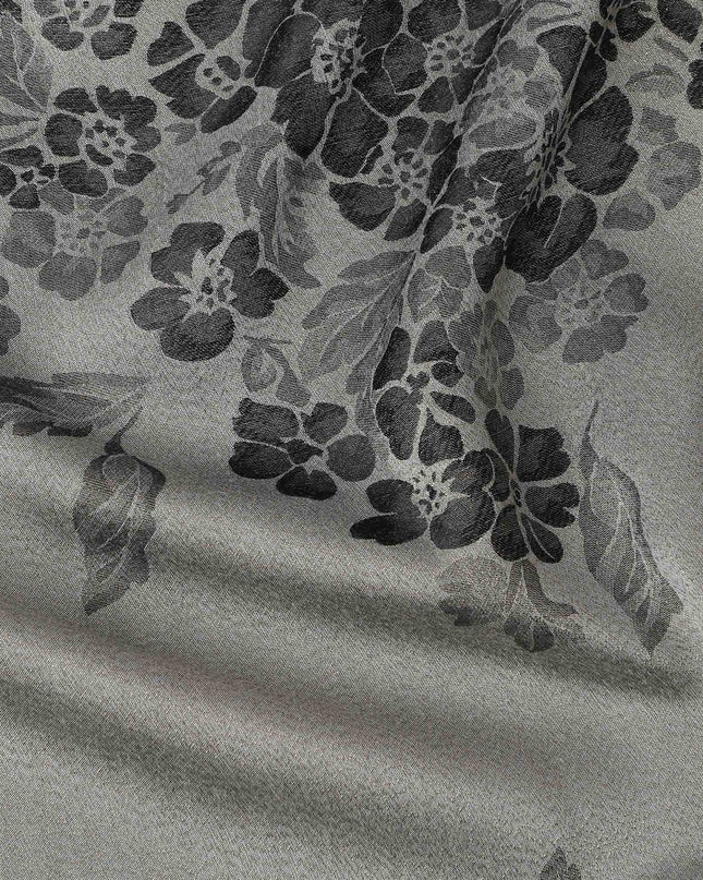 Grey Pure Silk Satin Fabric with Floral Metallic Design, 140 Cms Width, South Korea-D25349