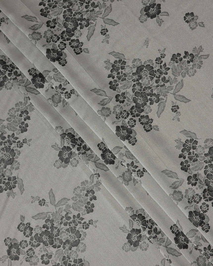 Grey Pure Silk Satin Fabric with Floral Metallic Design, 140 Cms Width, South Korea-D25349