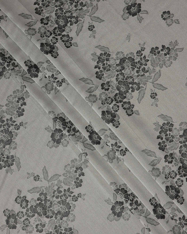 Grey Pure Silk Satin Fabric with Floral Metallic Design, 140 Cms Width, South Korea-D25349