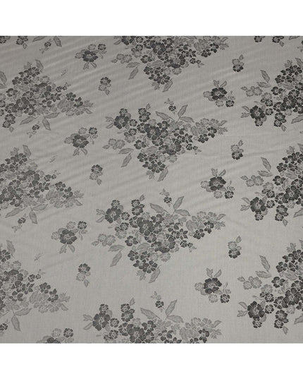 Grey Pure Silk Satin Fabric with Floral Metallic Design, 140 Cms Width, South Korea-D25349