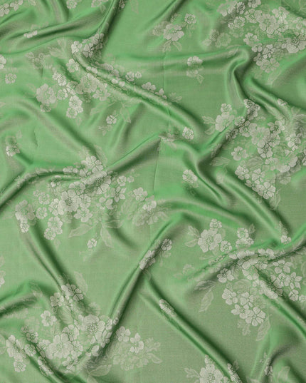 Green Pure Silk Satin Fabric with Floral Metallic Design, 140 Cms Width, South Korea-D25352