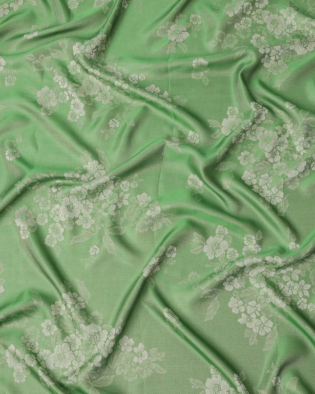 Green Pure Silk Satin Fabric with Floral Metallic Design, 140 Cms Width, South Korea-D25352