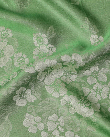 Green Pure Silk Satin Fabric with Floral Metallic Design, 140 Cms Width, South Korea-D25352