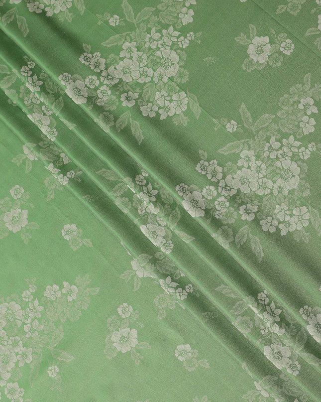 Green Pure Silk Satin Fabric with Floral Metallic Design, 140 Cms Width, South Korea-D25352