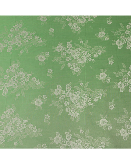 Green Pure Silk Satin Fabric with Floral Metallic Design, 140 Cms Width, South Korea-D25352