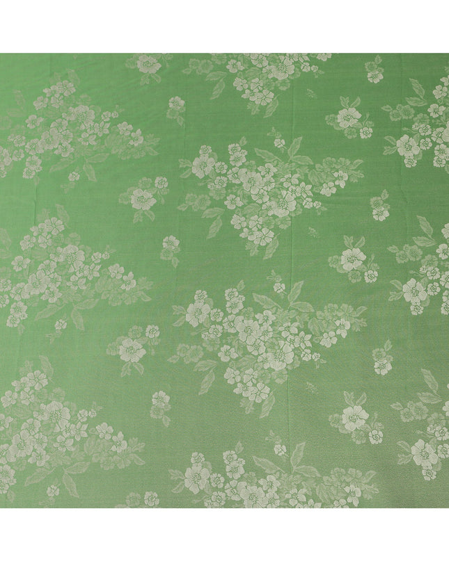 Green Pure Silk Satin Fabric with Floral Metallic Design, 140 Cms Width, South Korea-D25352