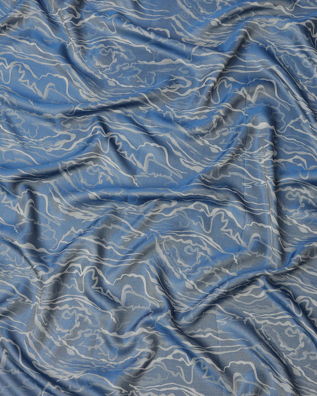 Blue Pure Silk Satin Fabric with Abstract Metallic Design, 140 Cms Width, South Korea-D25351