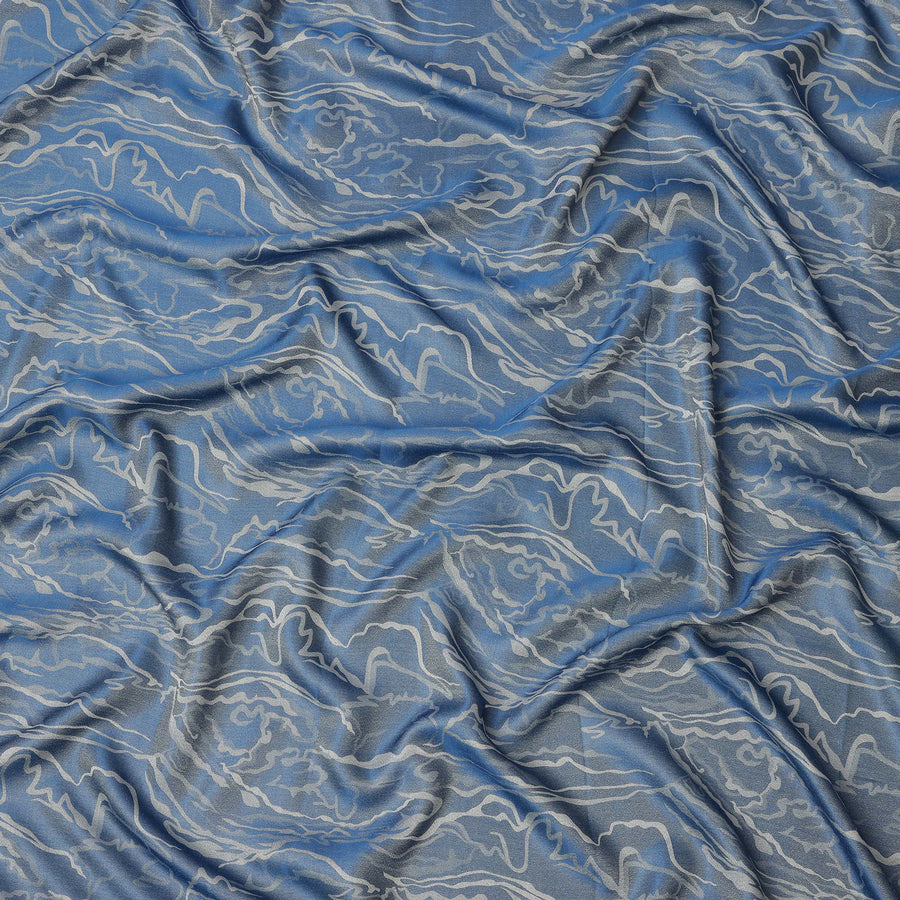 Blue Pure Silk Satin Fabric with Abstract Metallic Design, 140 Cms Width, South Korea-D25351