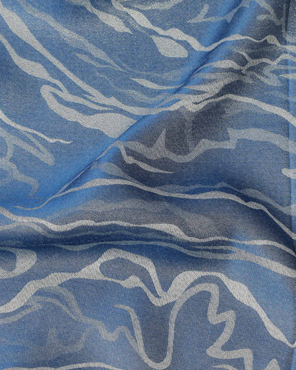 Blue Pure Silk Satin Fabric with Abstract Metallic Design, 140 Cms Width, South Korea-D25351