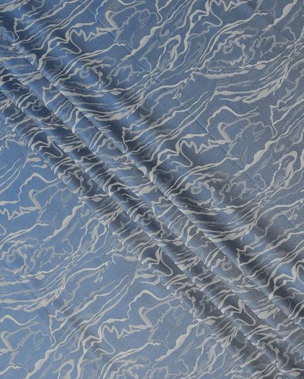 Blue Pure Silk Satin Fabric with Abstract Metallic Design, 140 Cms Width, South Korea-D25351