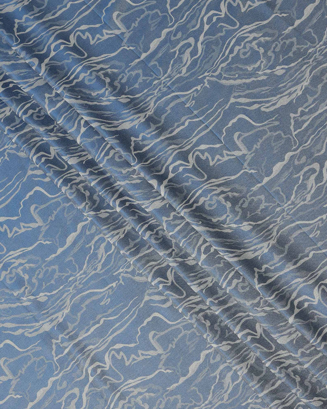 Blue Pure Silk Satin Fabric with Abstract Metallic Design, 140 Cms Width, South Korea-D25351