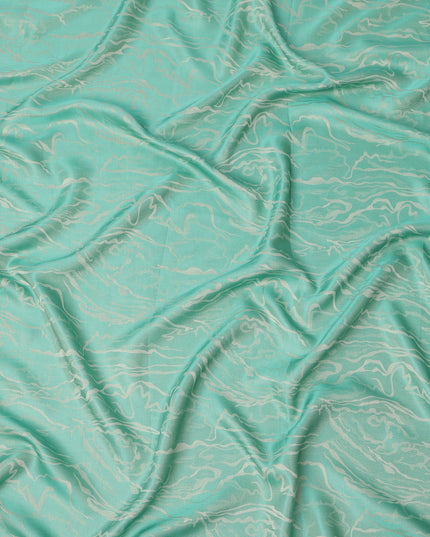 Aqua Blue Pure Silk Satin Fabric with Abstract Metallic Design, 140 Cms Width, South Korea-D25348