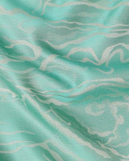 Aqua Blue Pure Silk Satin Fabric with Abstract Metallic Design, 140 Cms Width, South Korea-D25348