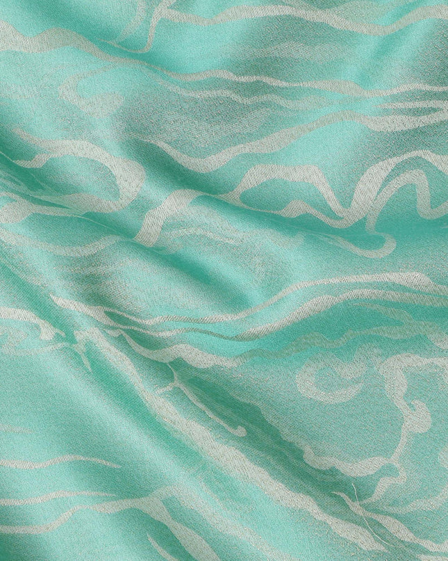Aqua Blue Pure Silk Satin Fabric with Abstract Metallic Design, 140 Cms Width, South Korea-D25348