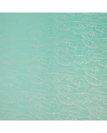 Aqua Blue Pure Silk Satin Fabric with Abstract Metallic Design, 140 Cms Width, South Korea-D25348