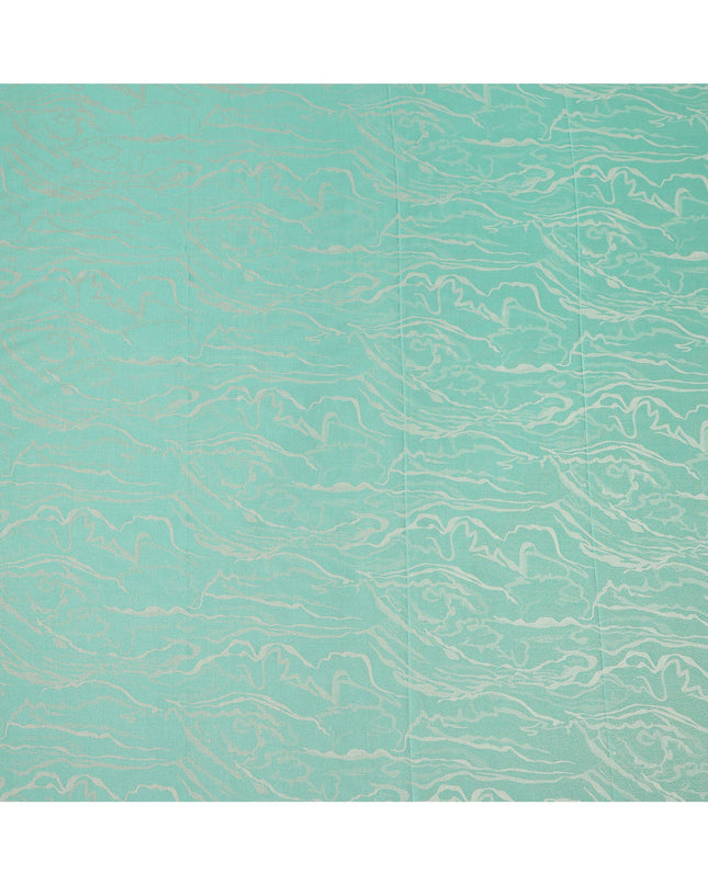 Aqua Blue Pure Silk Satin Fabric with Abstract Metallic Design, 140 Cms Width, South Korea-D25348
