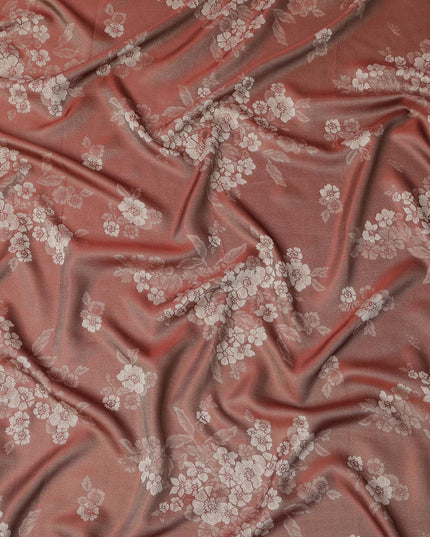 Rust Red Pure Silk Satin Fabric with Floral Metallic Design, 140 Cms Width, South Korea-D25347