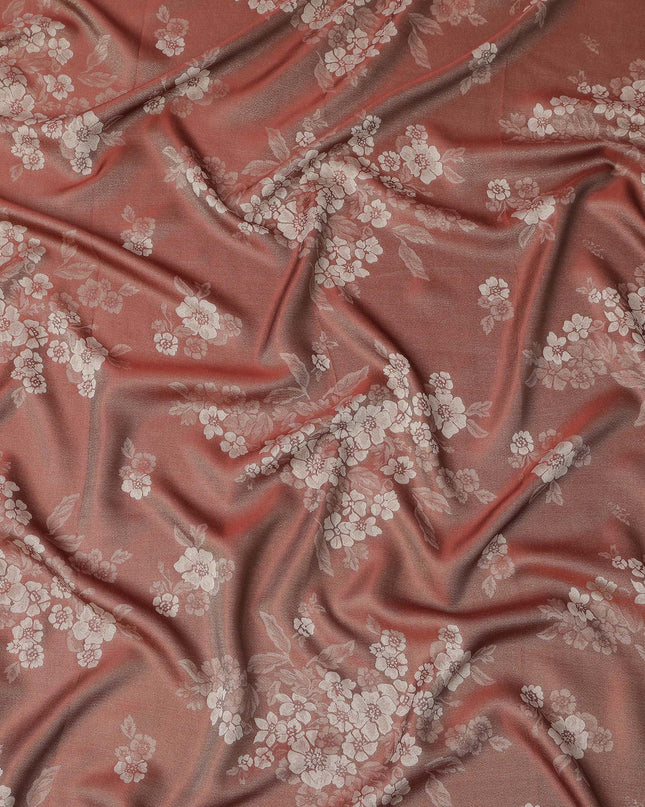 Rust Red Pure Silk Satin Fabric with Floral Metallic Design, 140 Cms Width, South Korea-D25347