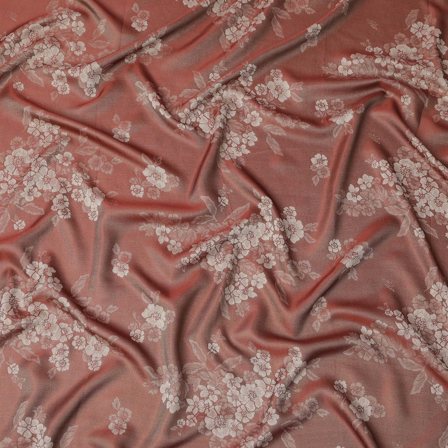 Rust Red Pure Silk Satin Fabric with Floral Metallic Design, 140 Cms Width, South Korea-D25347