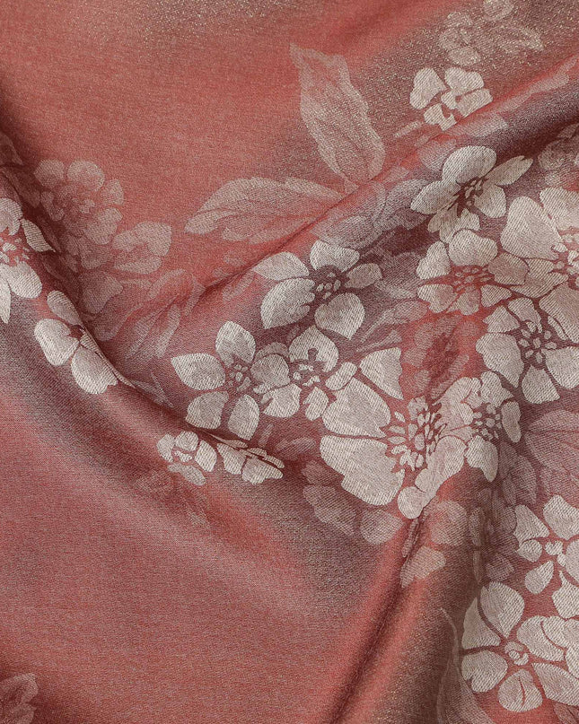 Rust Red Pure Silk Satin Fabric with Floral Metallic Design, 140 Cms Width, South Korea-D25347