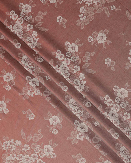 Rust Red Pure Silk Satin Fabric with Floral Metallic Design, 140 Cms Width, South Korea-D25347