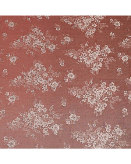 Rust Red Pure Silk Satin Fabric with Floral Metallic Design, 140 Cms Width, South Korea-D25347