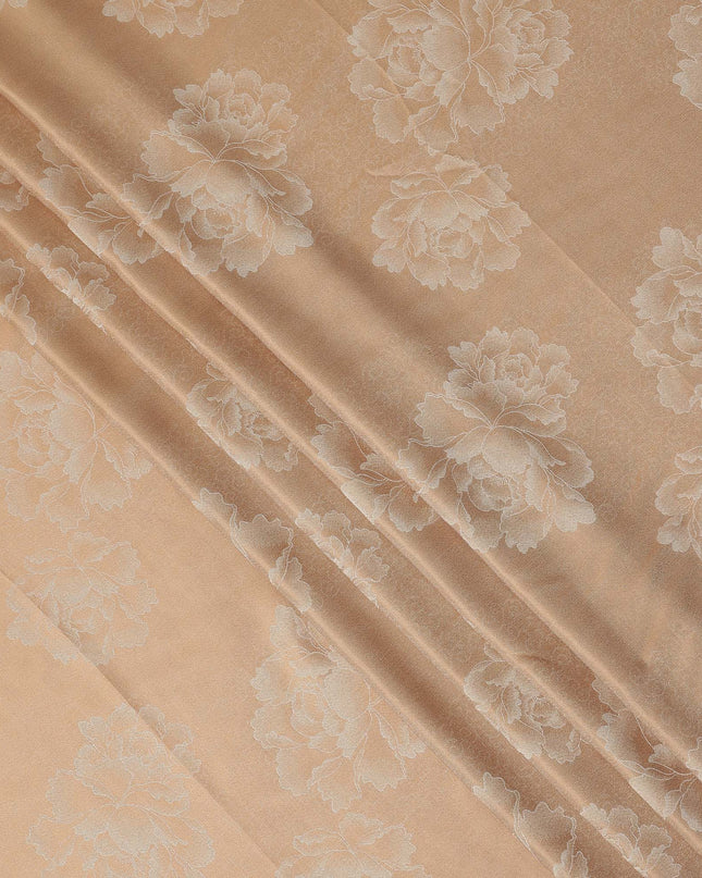 Peach Pure Silk Satin Fabric with Floral Metallic Finish, 140 Cms Width, South Korea-D25345