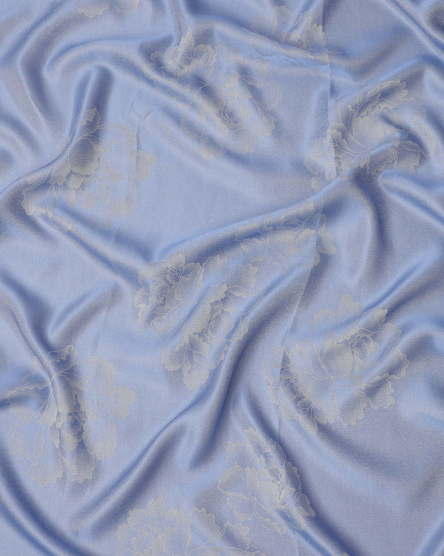 Blue Pure Silk Satin Fabric with Floral Jacquard Design, 140 Cms Width, South Korea-D25353
