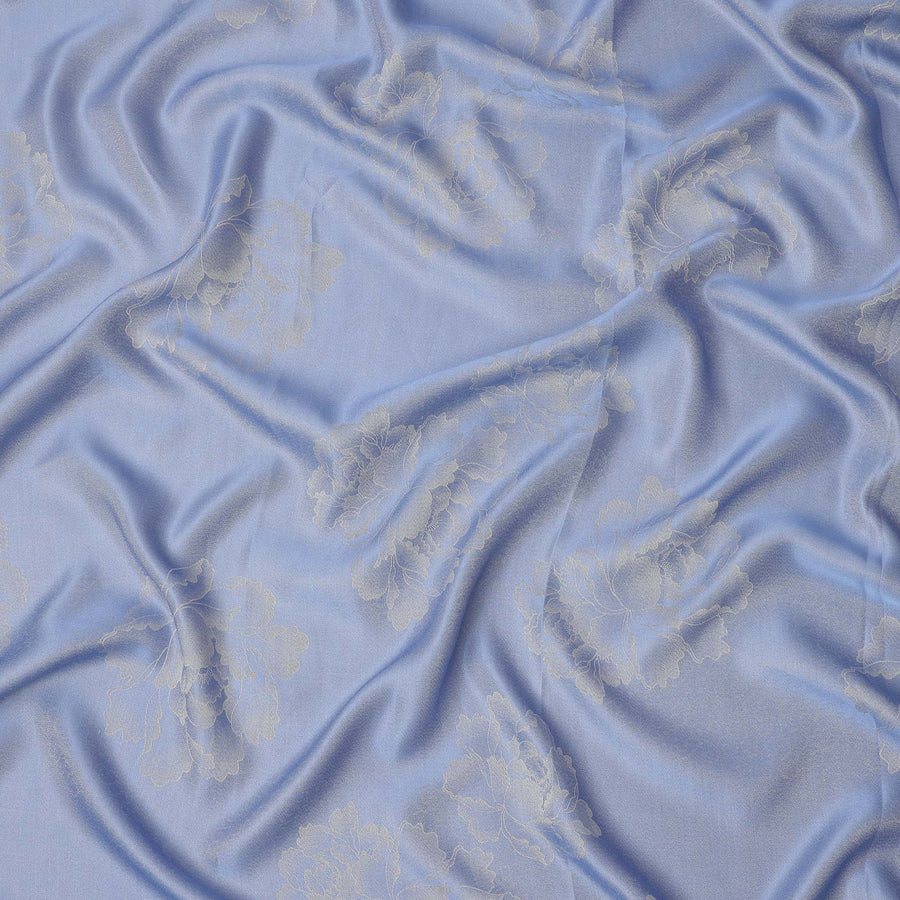 Blue Pure Silk Satin Fabric with Floral Jacquard Design, 140 Cms Width, South Korea-D25353