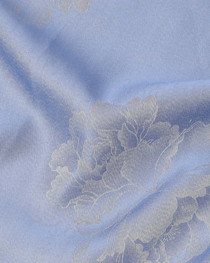 Blue Pure Silk Satin Fabric with Floral Jacquard Design, 140 Cms Width, South Korea-D25353