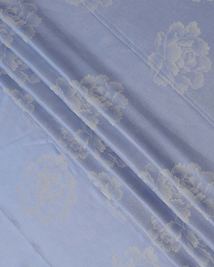 Blue Pure Silk Satin Fabric with Floral Jacquard Design, 140 Cms Width, South Korea-D25353