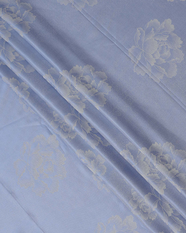 Blue Pure Silk Satin Fabric with Floral Jacquard Design, 140 Cms Width, South Korea-D25353