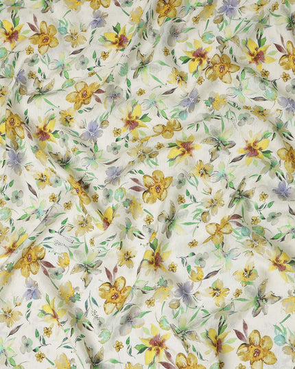 Ivory Yellow Watercolor Floral Printed Viscose Crepe Fabric Soft Lightweight Botanical Flower Print Dressmaking Sewing Craft Fabric 110 Cms Width Made In India-D28342