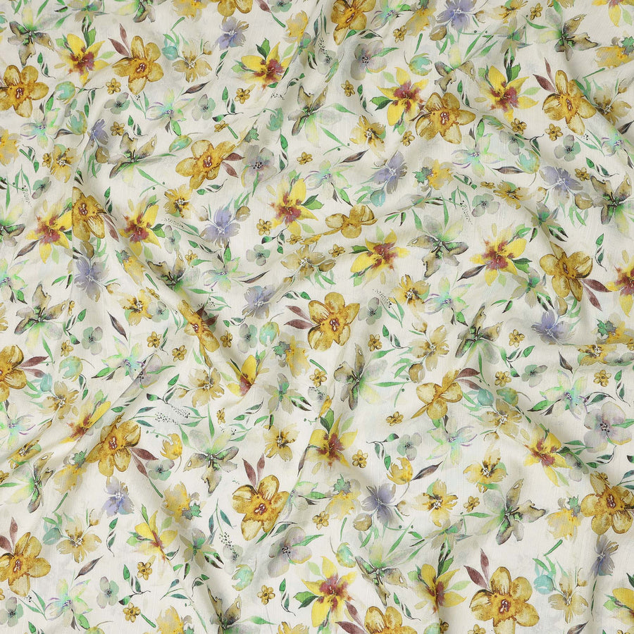 Ivory Yellow Watercolor Floral Printed Viscose Crepe Fabric Soft Lightweight Botanical Flower Print Dressmaking Sewing Craft Fabric 110 Cms Width Made In India-D28342