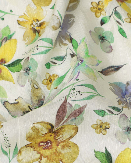 Ivory Yellow Watercolor Floral Printed Viscose Crepe Fabric Soft Lightweight Botanical Flower Print Dressmaking Sewing Craft Fabric 110 Cms Width Made In India-D28342