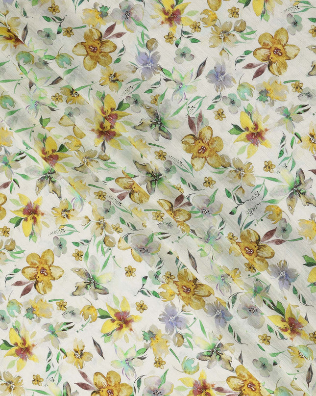 Ivory Yellow Watercolor Floral Printed Viscose Crepe Fabric Soft Lightweight Botanical Flower Print Dressmaking Sewing Craft Fabric 110 Cms Width Made In India-D28342