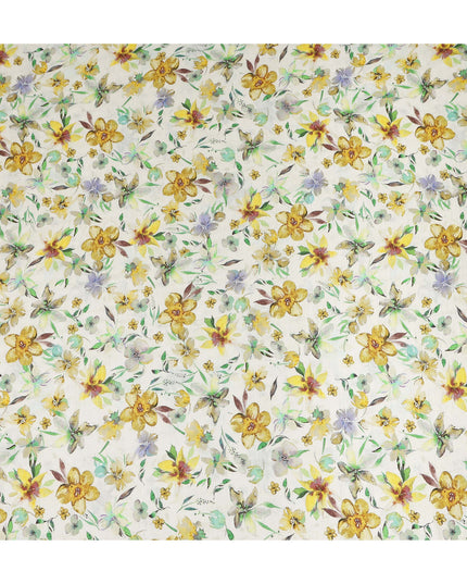 Ivory Yellow Watercolor Floral Printed Viscose Crepe Fabric Soft Lightweight Botanical Flower Print Dressmaking Sewing Craft Fabric 110 Cms Width Made In India-D28342