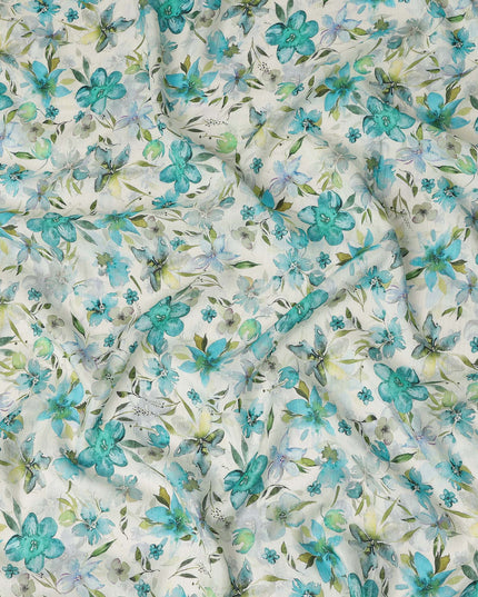 White Teal Watercolor Floral Printed Viscose Crepe Fabric Soft Lightweight Botanical Flower Print Dressmaking Sewing Craft Fabric 110 Cms Width Made In India-D28345