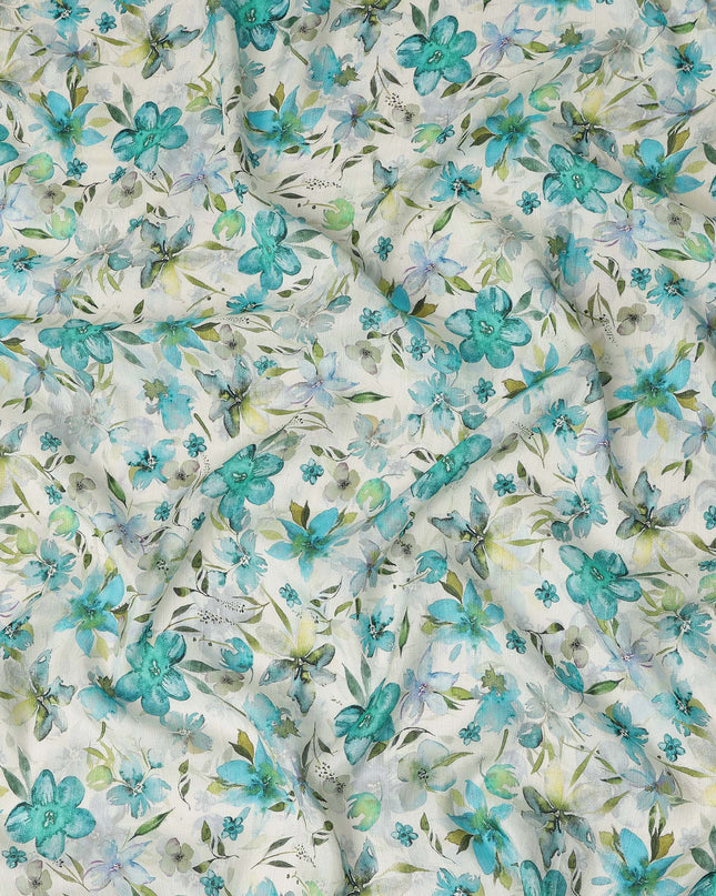 White Teal Watercolor Floral Printed Viscose Crepe Fabric Soft Lightweight Botanical Flower Print Dressmaking Sewing Craft Fabric 110 Cms Width Made In India-D28345