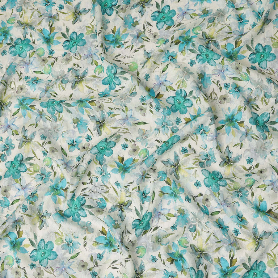 White Teal Watercolor Floral Printed Viscose Crepe Fabric Soft Lightweight Botanical Flower Print Dressmaking Sewing Craft Fabric 110 Cms Width Made In India-D28345
