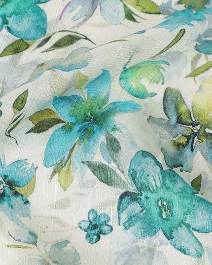 White Teal Watercolor Floral Printed Viscose Crepe Fabric Soft Lightweight Botanical Flower Print Dressmaking Sewing Craft Fabric 110 Cms Width Made In India-D28345