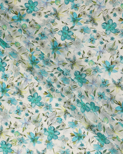White Teal Watercolor Floral Printed Viscose Crepe Fabric Soft Lightweight Botanical Flower Print Dressmaking Sewing Craft Fabric 110 Cms Width Made In India-D28345