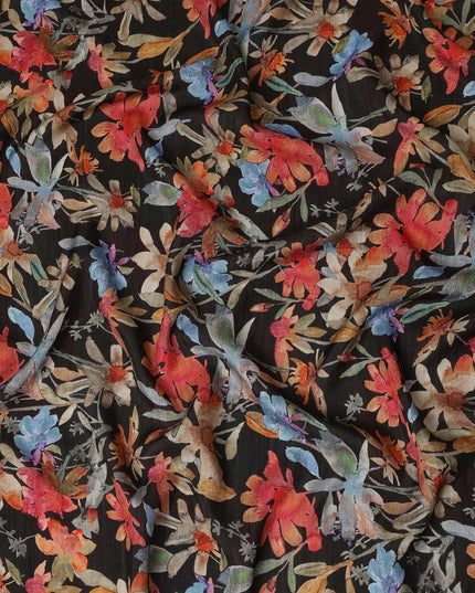 Black Multicolor Watercolor Floral Printed Viscose Crepe Fabric Soft Lightweight Artistic Botanical Flower Print Dressmaking Sewing Craft Fabric 110 Cms Width Made In India-D28343
