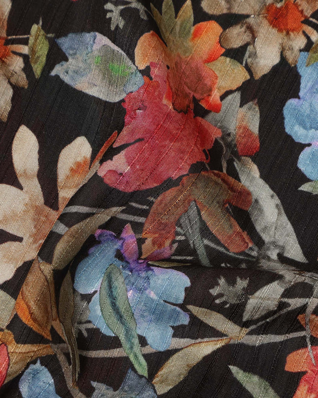 Black Multicolor Watercolor Floral Printed Viscose Crepe Fabric Soft Lightweight Artistic Botanical Flower Print Dressmaking Sewing Craft Fabric 110 Cms Width Made In India-D28343