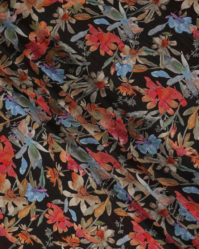 Black Multicolor Watercolor Floral Printed Viscose Crepe Fabric Soft Lightweight Artistic Botanical Flower Print Dressmaking Sewing Craft Fabric 110 Cms Width Made In India-D28343
