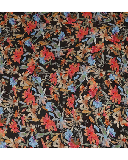 Black Multicolor Watercolor Floral Printed Viscose Crepe Fabric Soft Lightweight Artistic Botanical Flower Print Dressmaking Sewing Craft Fabric 110 Cms Width Made In India-D28343