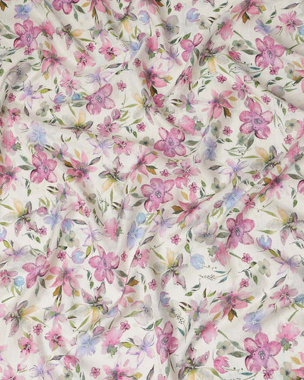 Ivory Pink Watercolor Floral Printed Viscose Crepe Fabric Soft Lightweight Botanical Flower Print Dressmaking Sewing Craft Fabric 110 Cms Width Made In India-D28344