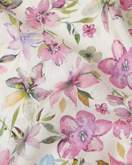 Ivory Pink Watercolor Floral Printed Viscose Crepe Fabric Soft Lightweight Botanical Flower Print Dressmaking Sewing Craft Fabric 110 Cms Width Made In India-D28344