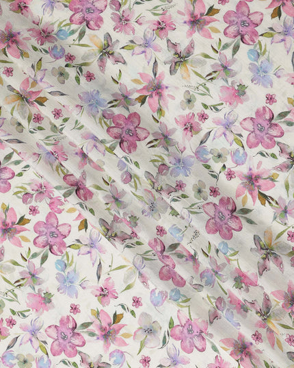 Ivory Pink Watercolor Floral Printed Viscose Crepe Fabric Soft Lightweight Botanical Flower Print Dressmaking Sewing Craft Fabric 110 Cms Width Made In India-D28344