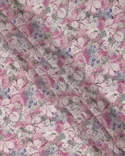 Pink Floral Printed Viscose Crepe Fabric 110 Cms Width India-D27742